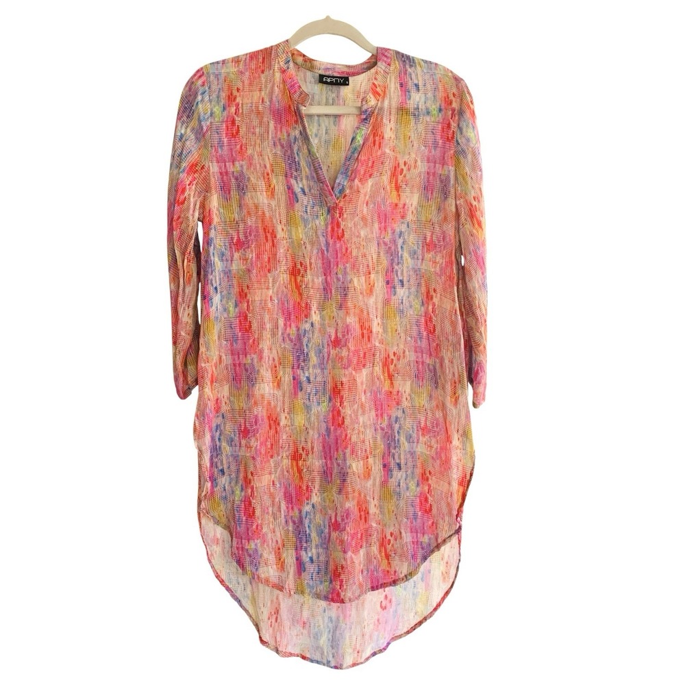 APNY Womens Tunic Dress Top Size Small Multicolor Cupro Vegan Silk Boho Sheer